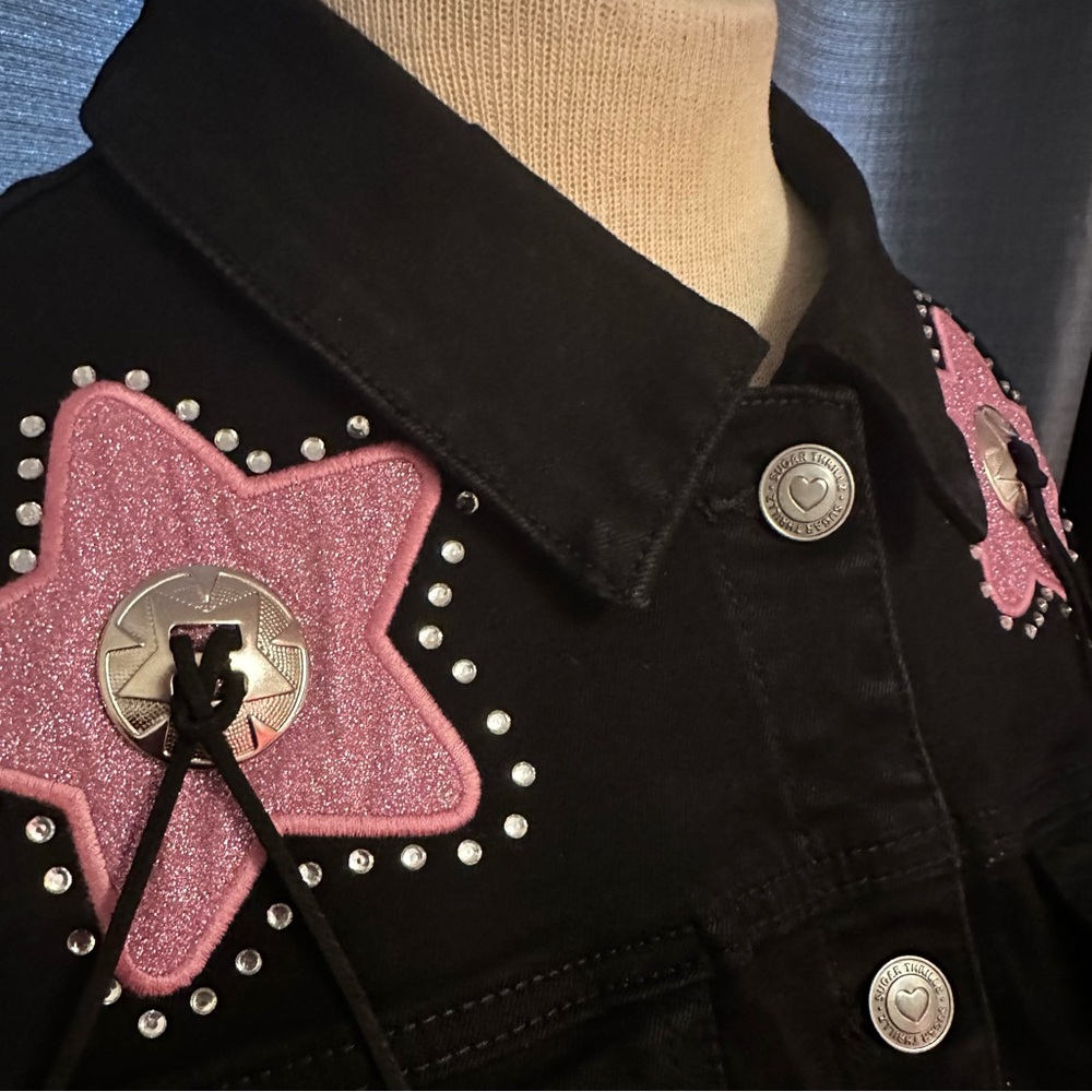 Sugar Thrillz Dolls Kill LONGING HEART Black Pink Denim Jacket Chaps SET L NWT - Picture 6 of 11